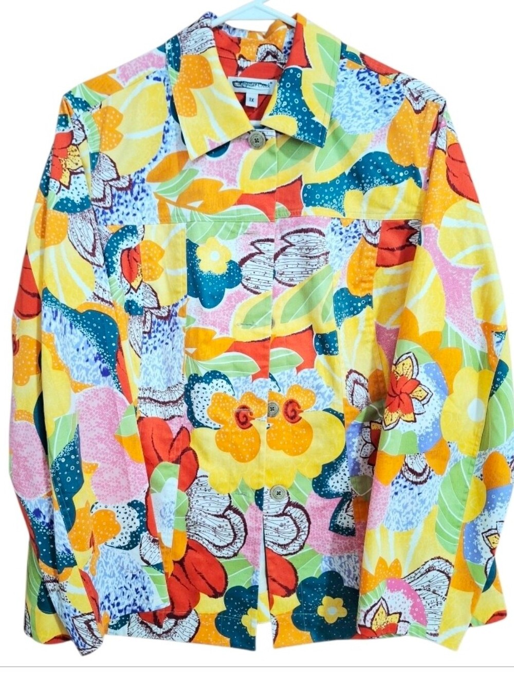 Women's Colorful & Bright Floral Button Down Plus Size Jacket~1XL
